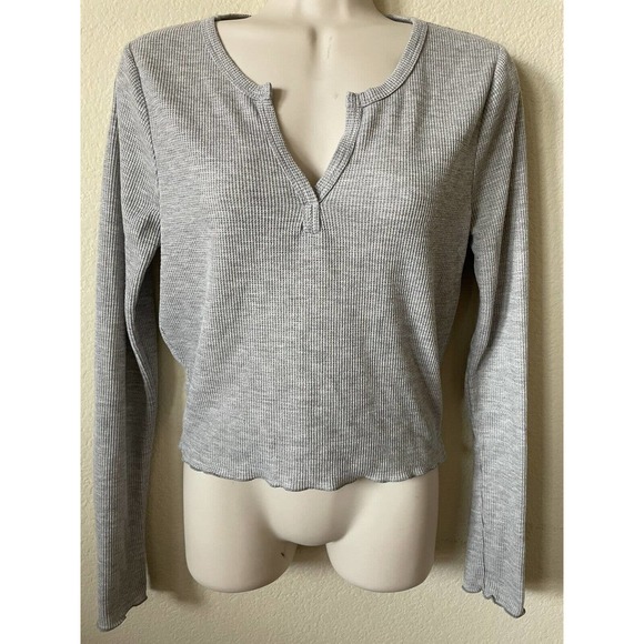 Good Luck Gem Heather Gray Waffle Knit Long Sleeve Women's Crop Top Size M - Picture 1 of 5